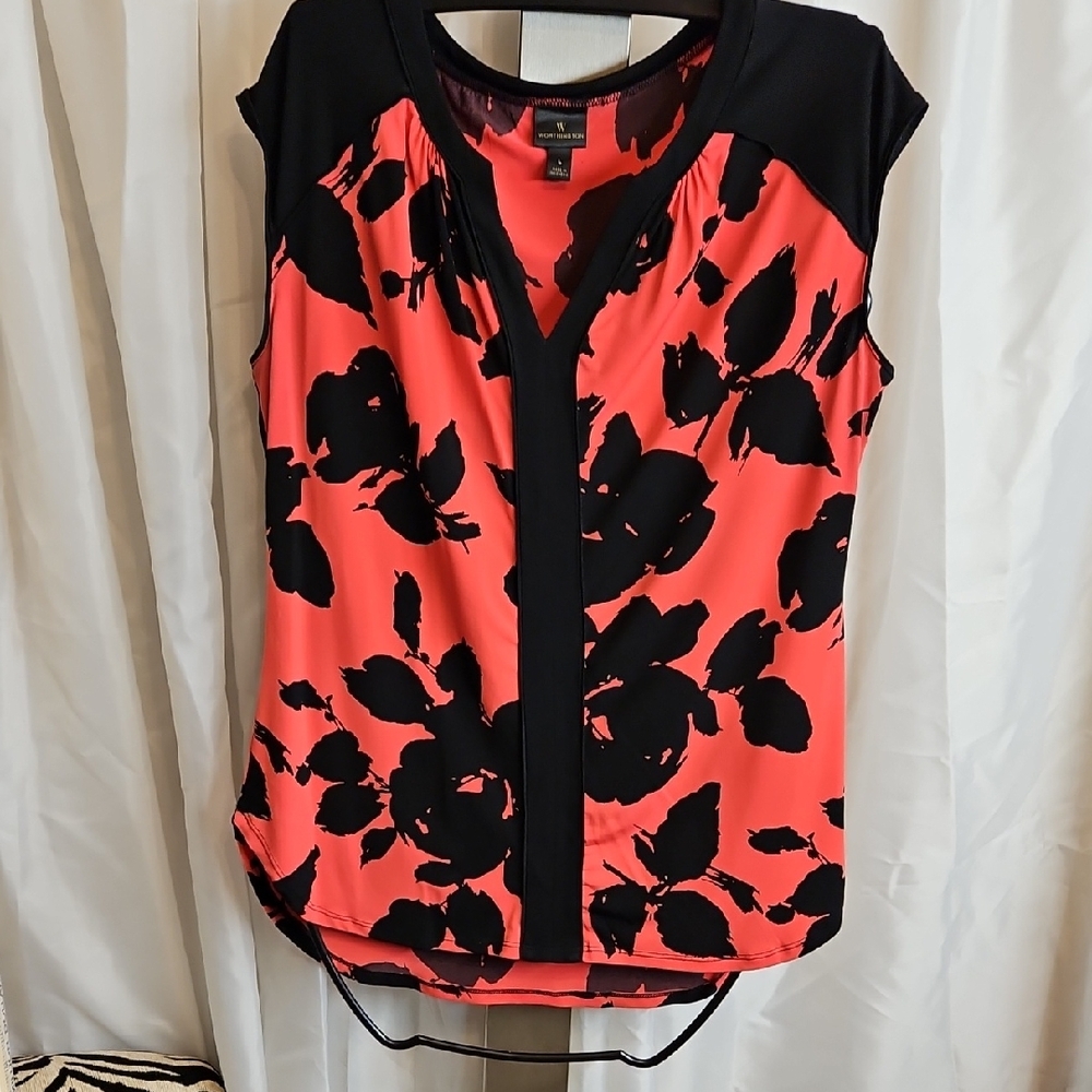 Apt. 9 Black Floral on Coral Women's Blouse Sz L